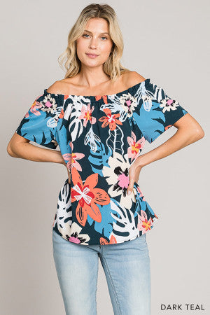 Women's Dark Teal Tropical Printed Off Shoulder Top