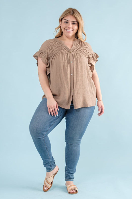 Mocha Woven Button-Down Ruffle Sleeve Top