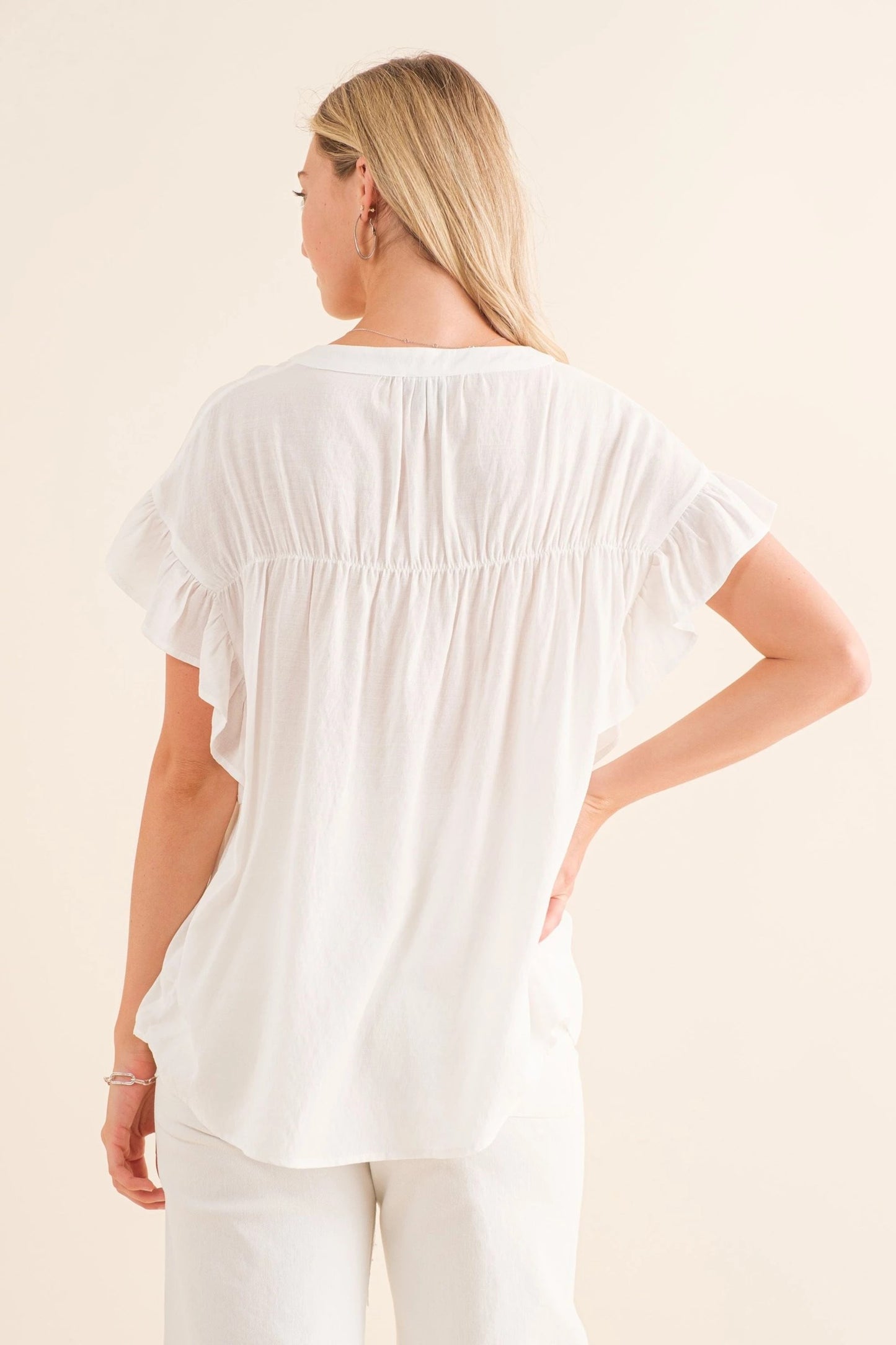 White Woven Button-Down Ruffle Sleeve Top