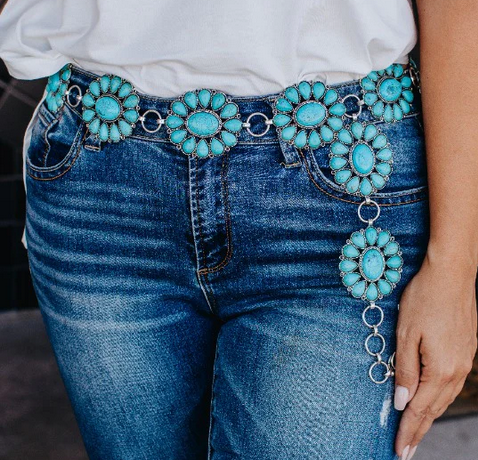 Ride For The Brand Darlin' Turquoise Floral Concho Link Belt  - Silver Turquoise