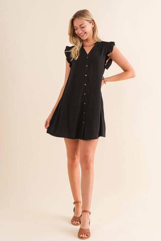 Black V-Neck Button Down Mini Dress